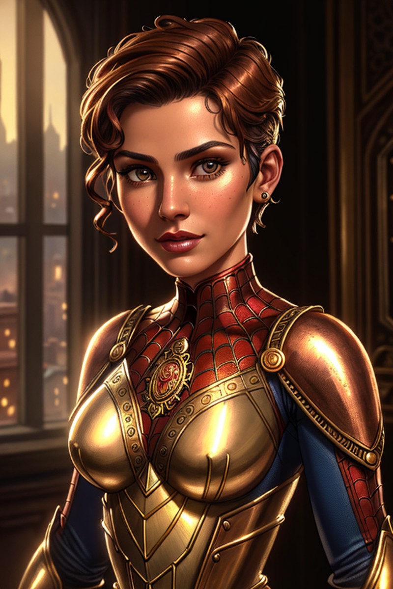 Steampunk style Closeup fullbody portrait of teeny female Spiderman, gnger short hair, city, intricate background, atmosph...
